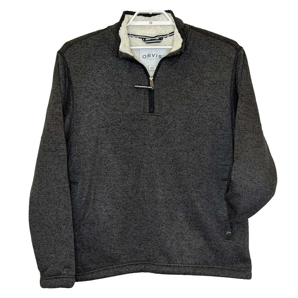 Orvis 1/4 Zip Pullover Jacket Mens Sz Large Heather Dark Gray Sherpa Lined Warm‎